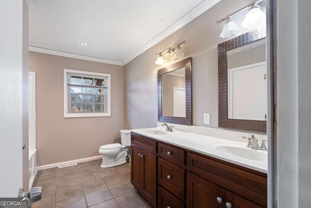 bathroom with toilet, ornamental molding, vanity, a bathtub, and tile patterned flooring