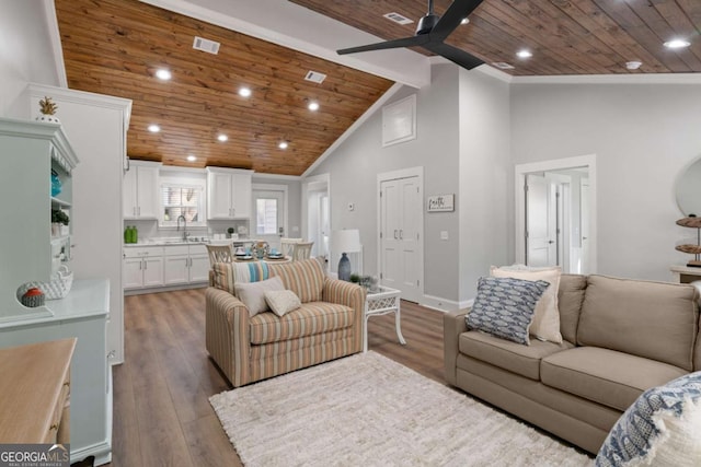 living room with a ceiling fan, wood ceiling, visible vents, and wood finished floors