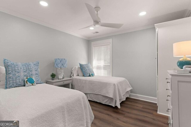 1471 River Rd, Townsend, GA 31331 - bedroom featuring recessed lighting, dark wood-style flooring, a ceiling fan, baseboards, and crown molding