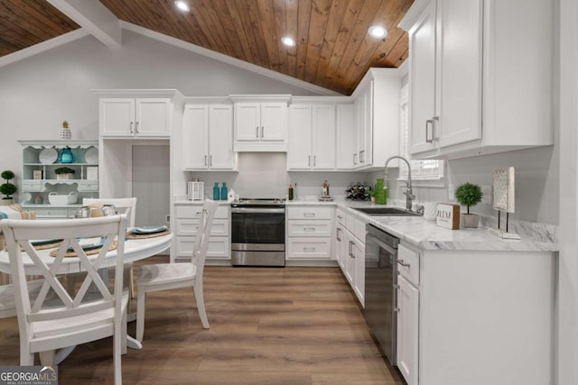 1471 River Rd, Townsend, GA 31331 - kitchen featuring lofted ceiling with beams, wood ceiling, stainless steel appliances, white cabinetry, and a sink