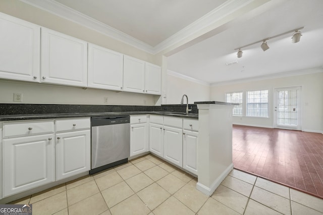 kitchen with white cabinetry, sink, stainless steel dishwasher, and ornamental molding