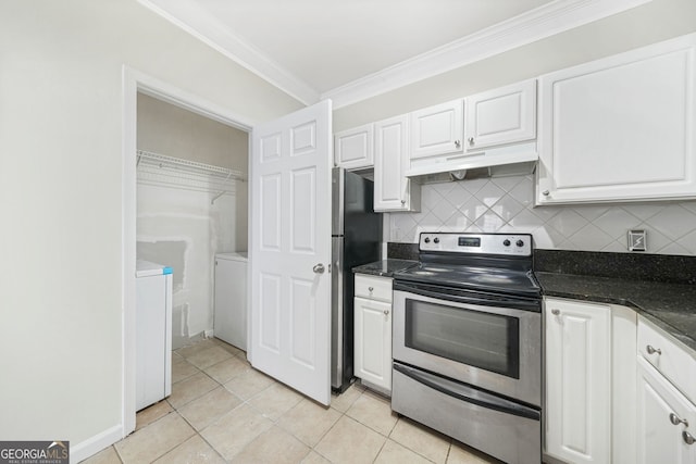 kitchen with crown molding, appliances with stainless steel finishes, white cabinets, washer / clothes dryer, and decorative backsplash