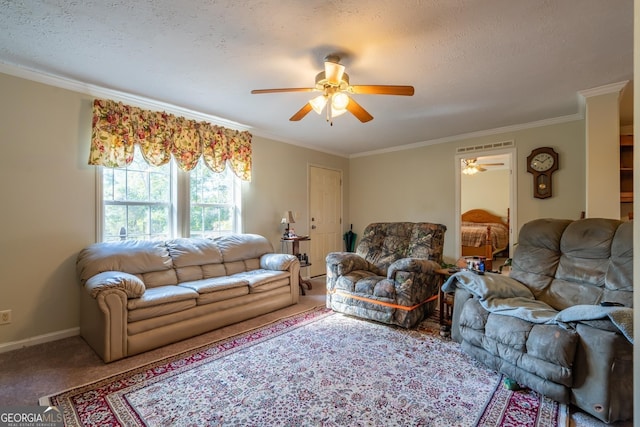 living room featuring crown molding, a textured ceiling, and carpet flooring