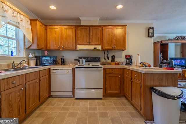 kitchen with white appliances, ornamental molding, kitchen peninsula, and sink