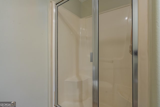 bathroom with a shower with shower door