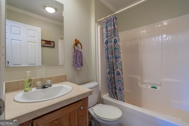 full bathroom with vanity, shower / bath combo, ornamental molding, and toilet