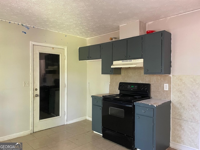 kitchen featuring tasteful backsplash, gray cabinetry, a textured ceiling, and black range with electric cooktop