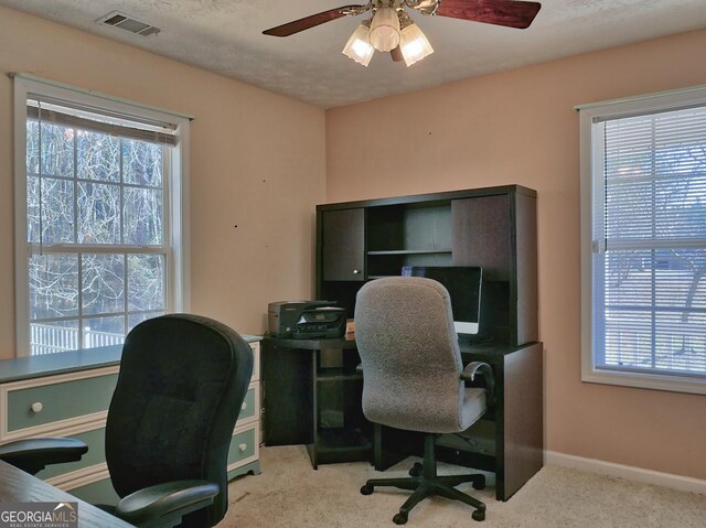 office space with light carpet, a textured ceiling, a wealth of natural light, and ceiling fan