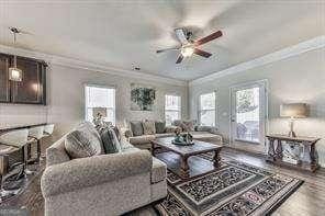 living room featuring hardwood / wood-style flooring, a wealth of natural light, ornamental molding, and ceiling fan