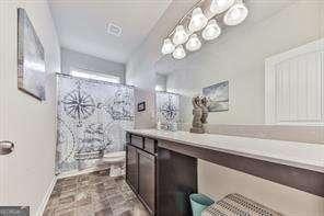 bathroom with vanity, toilet, and a shower