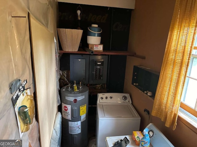 washroom featuring washer / dryer, electric panel, and electric water heater