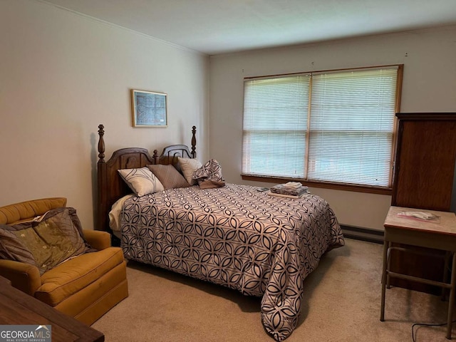 bedroom featuring light carpet and ornamental molding