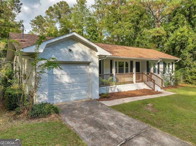 ranch-style home with a porch, a garage, and a front yard