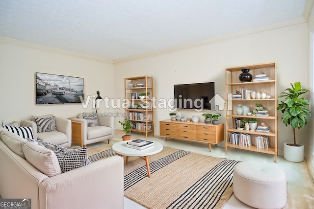 living room with ornamental molding