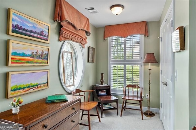 living area featuring light colored carpet