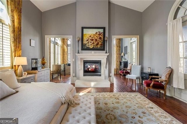 bedroom with high vaulted ceiling and dark hardwood / wood-style flooring