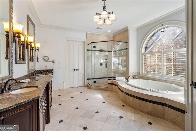 bathroom with crown molding, tile patterned flooring, vanity, plus walk in shower, and a chandelier