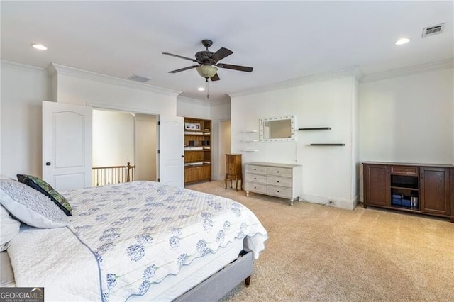 bedroom featuring ceiling fan, ornamental molding, and light carpet