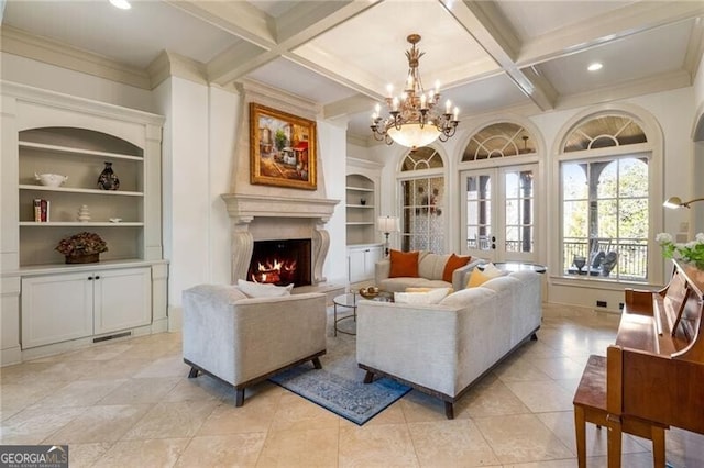 tiled living room with beamed ceiling, coffered ceiling, built in features, and french doors