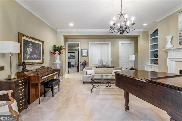 recreation room featuring ornamental molding, light colored carpet, and an inviting chandelier