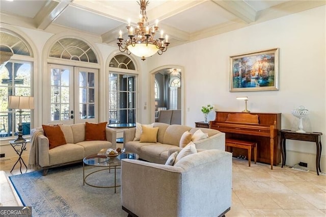 tiled living room with coffered ceiling, a chandelier, french doors, and beamed ceiling