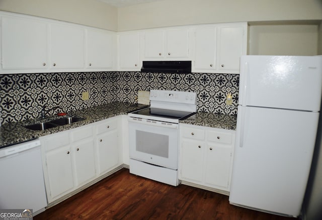 kitchen featuring white cabinetry, white appliances, sink, and exhaust hood