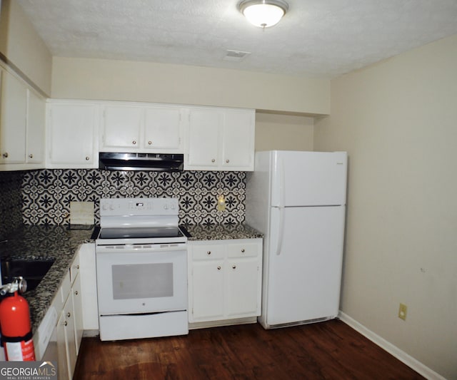 kitchen with white cabinetry, white appliances, tasteful backsplash, and dark hardwood / wood-style floors