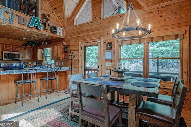 dining room with a chandelier, high vaulted ceiling, wooden ceiling, wooden walls, and hardwood / wood-style floors