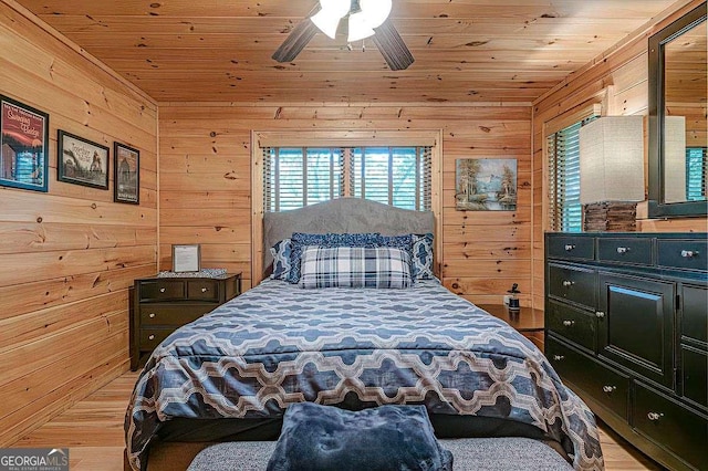 bedroom with wood ceiling, ceiling fan, and wooden walls