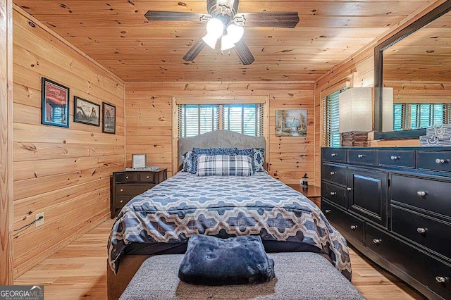 bedroom with ceiling fan, light hardwood / wood-style floors, wood ceiling, and wood walls