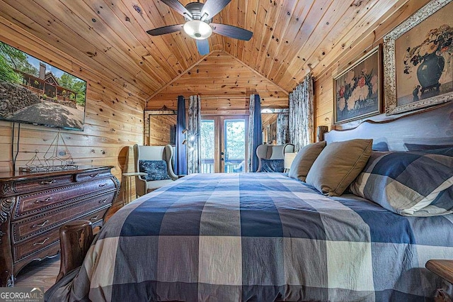 bedroom with wood walls, wood ceiling, vaulted ceiling, and french doors