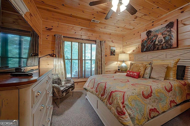 bedroom with ceiling fan, wood ceiling, and wood walls