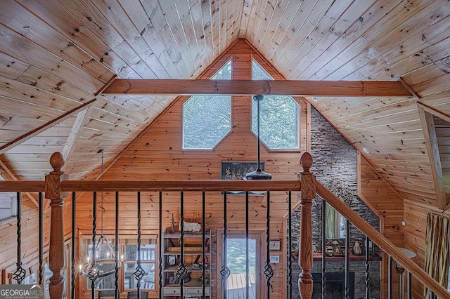 interior space featuring wooden ceiling, high vaulted ceiling, and wood walls