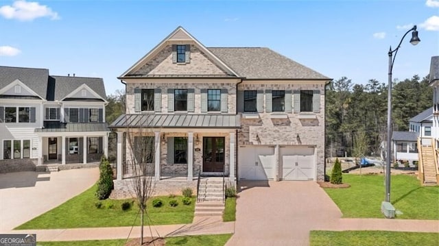 view of front of house with a garage and a front lawn