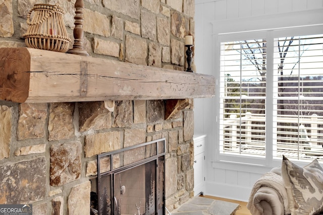 details featuring a stone fireplace