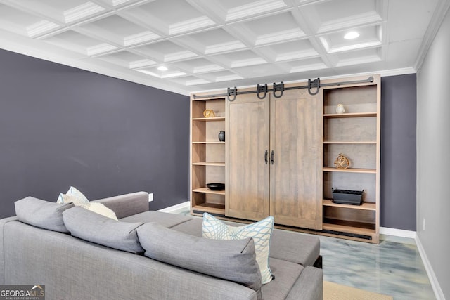 living room featuring coffered ceiling, beam ceiling, crown molding, and a barn door