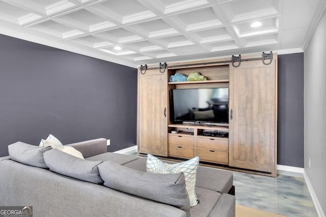 living room featuring coffered ceiling, ornamental molding, a barn door, and beamed ceiling