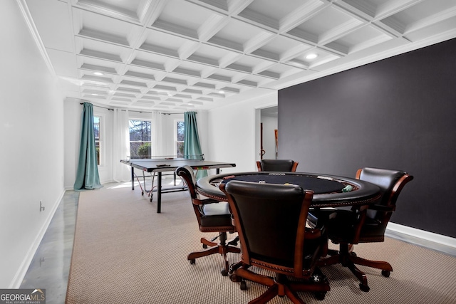 playroom with beamed ceiling, coffered ceiling, and light carpet