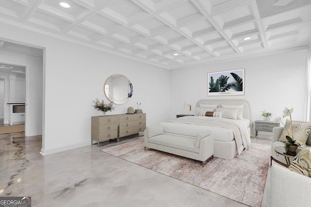 bedroom featuring concrete flooring and coffered ceiling