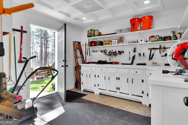 interior space with coffered ceiling and beamed ceiling