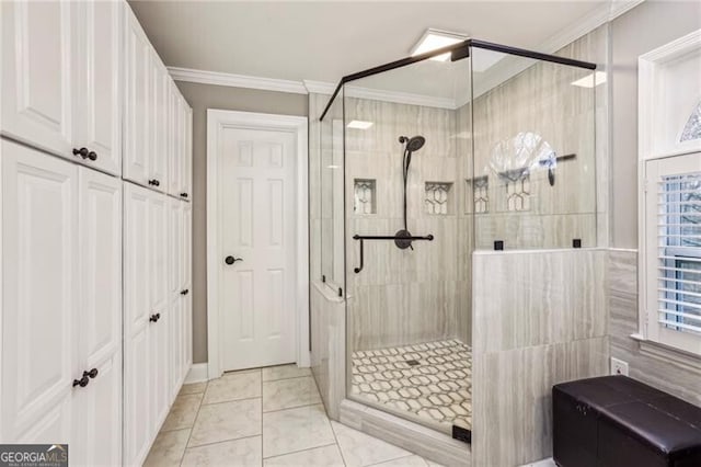 bathroom with crown molding and walk in shower