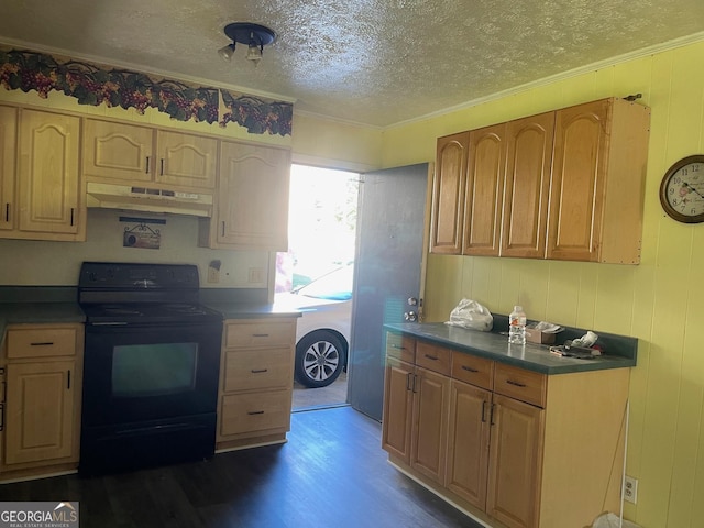 kitchen with crown molding, dark hardwood / wood-style floors, a textured ceiling, and electric range