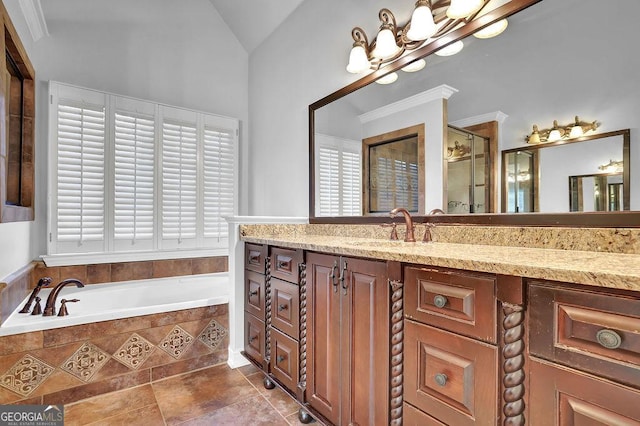 bathroom featuring lofted ceiling, an inviting chandelier, vanity, plus walk in shower, and tile patterned floors