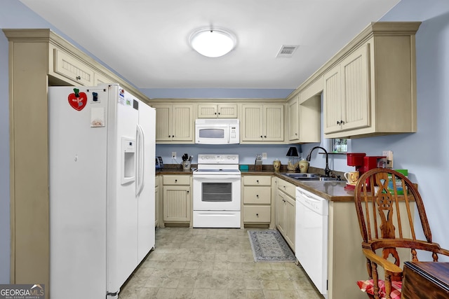 kitchen featuring white appliances, visible vents, dark countertops, cream cabinetry, and a sink