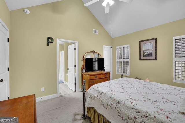 bedroom with baseboards, visible vents, ceiling fan, carpet flooring, and high vaulted ceiling