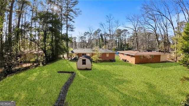 view of yard featuring a storage shed