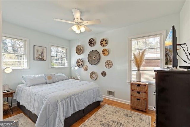 bedroom featuring ceiling fan and light hardwood / wood-style flooring