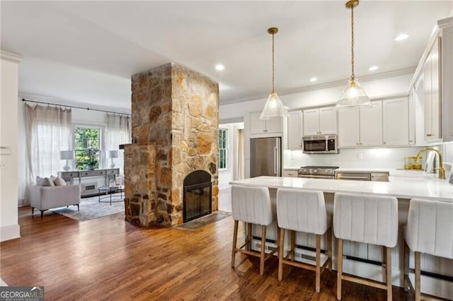 kitchen with white cabinetry, dark wood-type flooring, a breakfast bar area, and appliances with stainless steel finishes