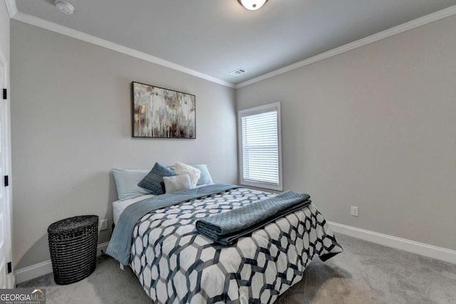 bedroom with light carpet and ornamental molding