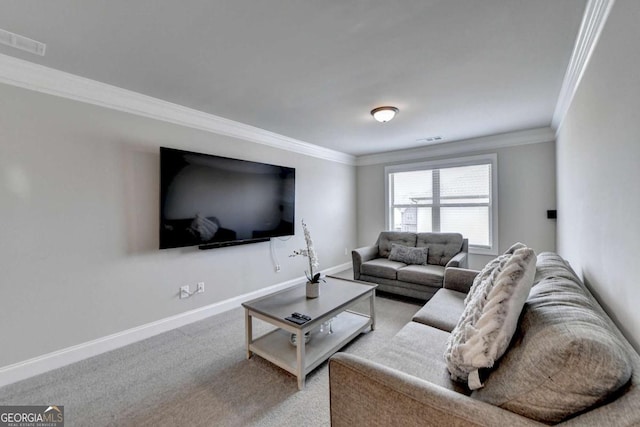 living room featuring ornamental molding and light colored carpet